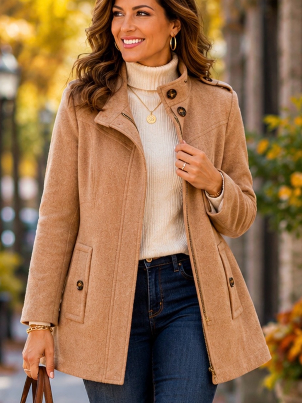 Chico’s 100% Wool Tan Zip Front Coat Jacket Size 2 Large Camel Beige